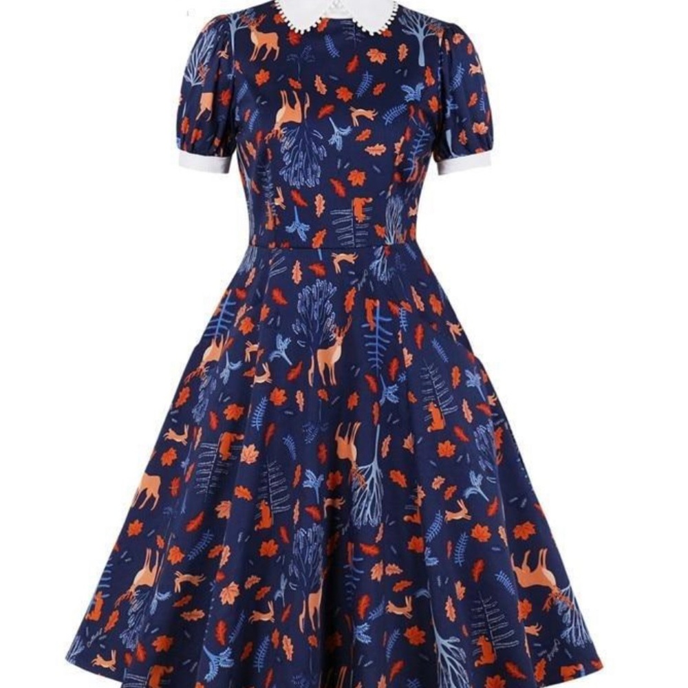 Collectif Dresses Collectif Peta Forest Friends Vintage Style Swing Dress New